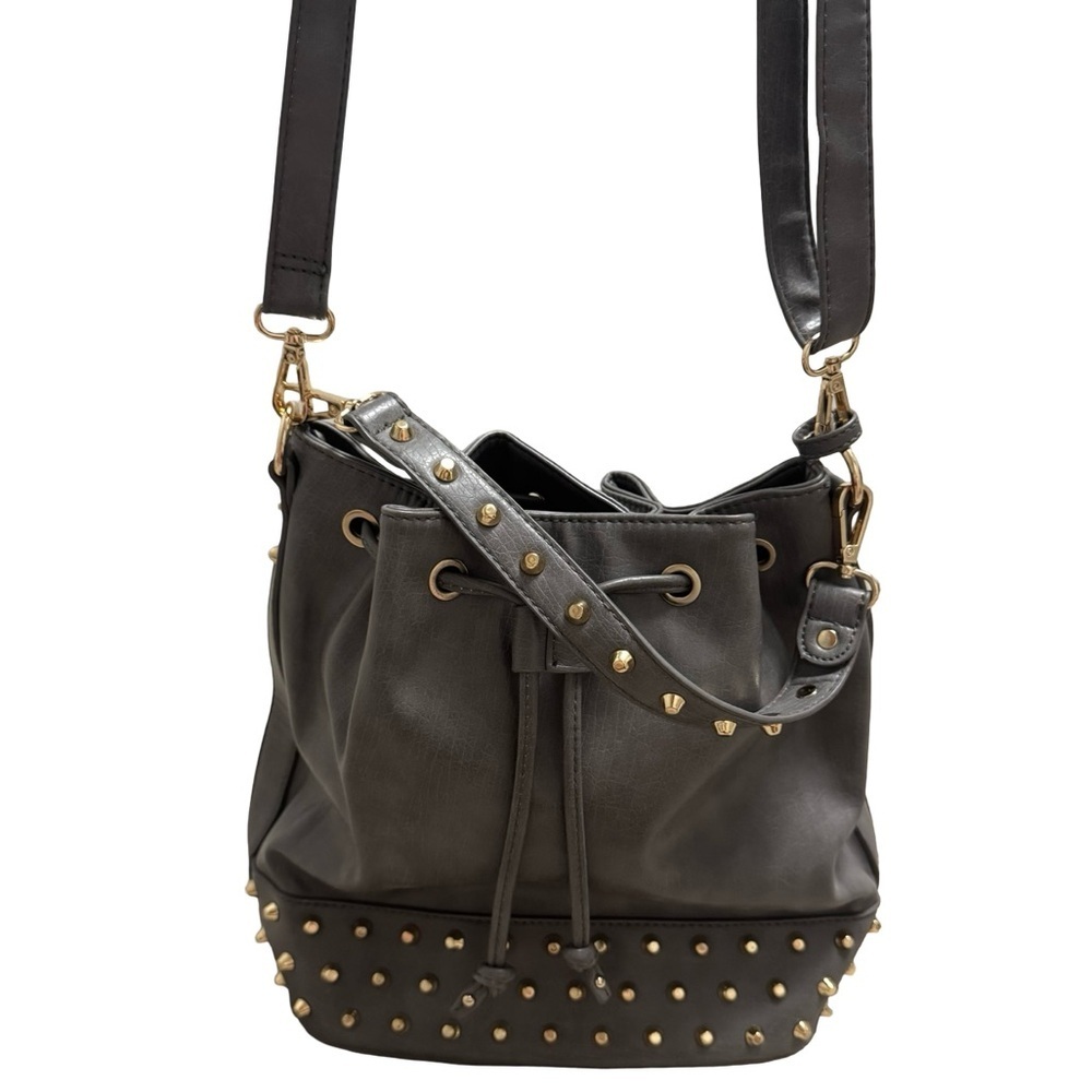 Gray Faux Leather Studded Bucket Bag – Drawstring Shoulder Purse